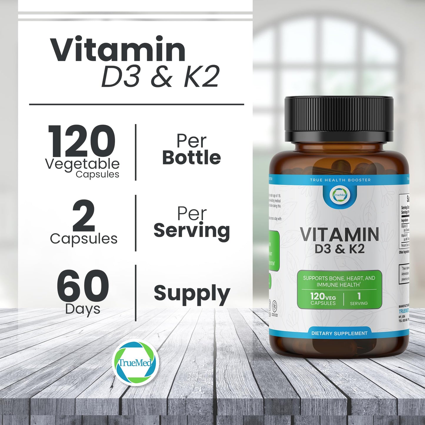 TRUEMED Vitamin D3 & K2 Supplement – 5000 IU D3 + 90 mcg K2 MK7 | 120 Veggie Capsules