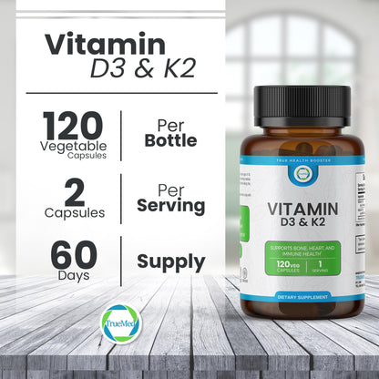 TRUEMED Vitamin D3 & K2 Supplement – 5000 IU D3 + 90 mcg K2 MK7 | 120 Veggie Capsules