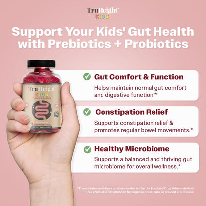 TruHeight Kids Prebiotic & Probiotic Gummies – Strawberry Flavor | 2+ Years Gut Health & Digestive Support