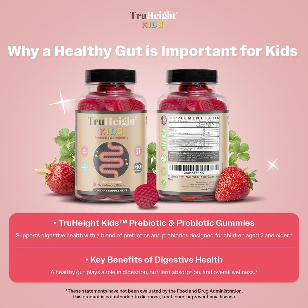 TruHeight Kids Prebiotic & Probiotic Gummies – Strawberry Flavor | 2+ Years Gut Health & Digestive Support