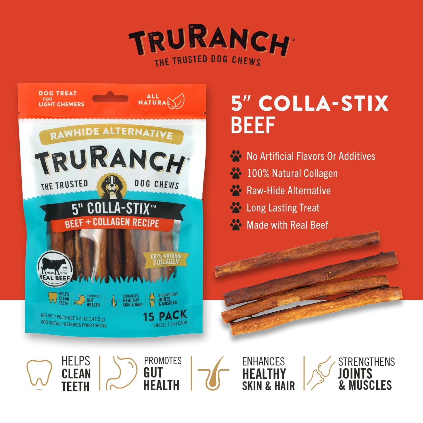 TRURANCH Collagen Sticks for Dogs - 5-inch Rawhide Alternative for Joints & Skin Health