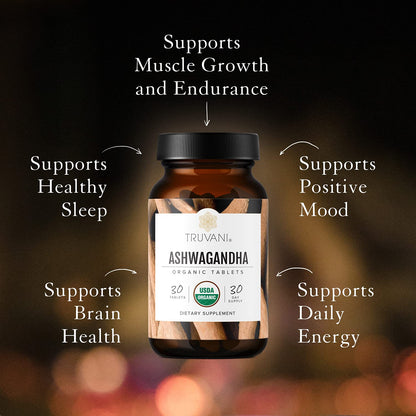 Truvani Organic Ashwagandha | Daily Energy, Mood, Brain Health & Sleep Support | 30 Day Non-GMO
