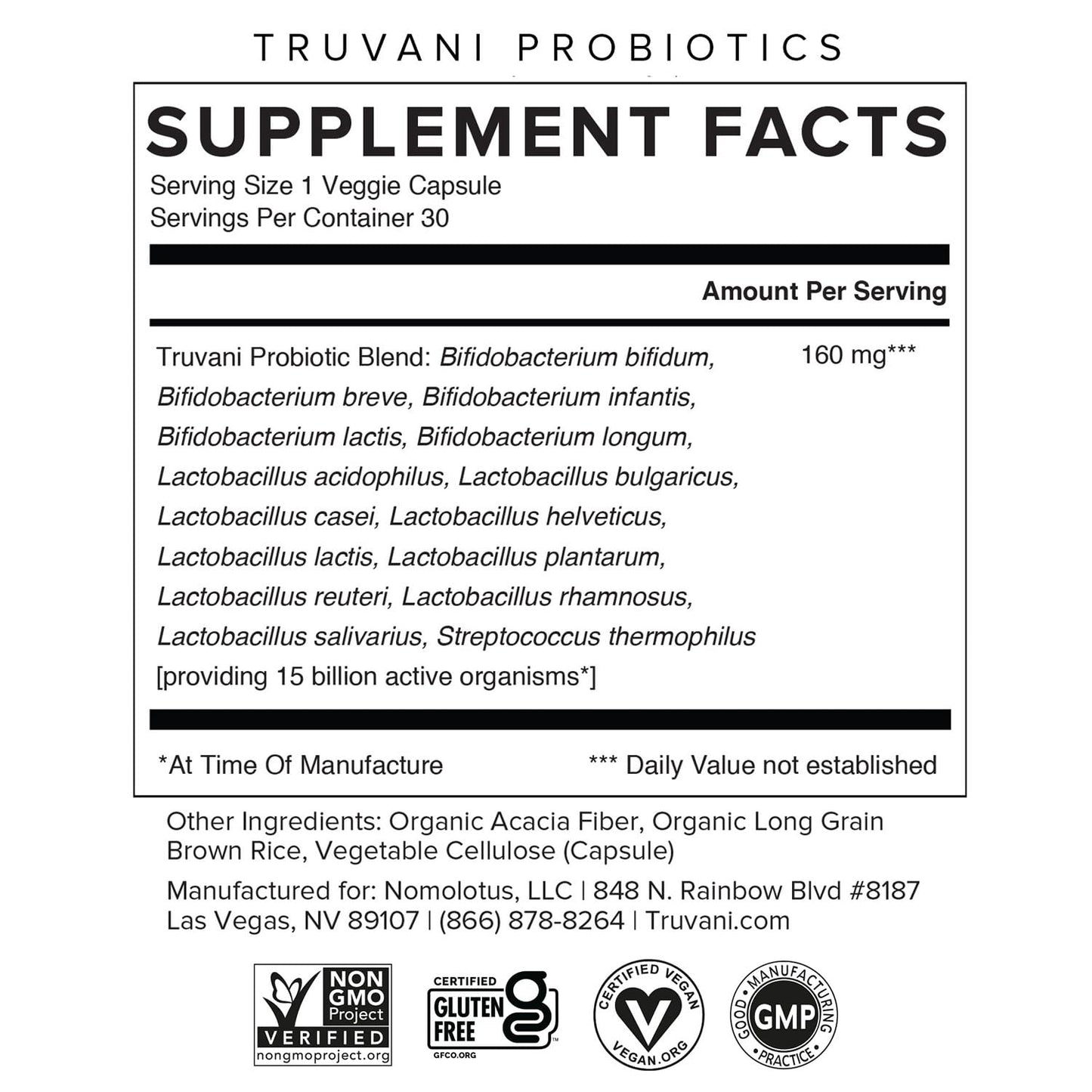 Truvani Probiotic Supplement | 30 Servings, 15B CFU | Vegan, Non-GMO