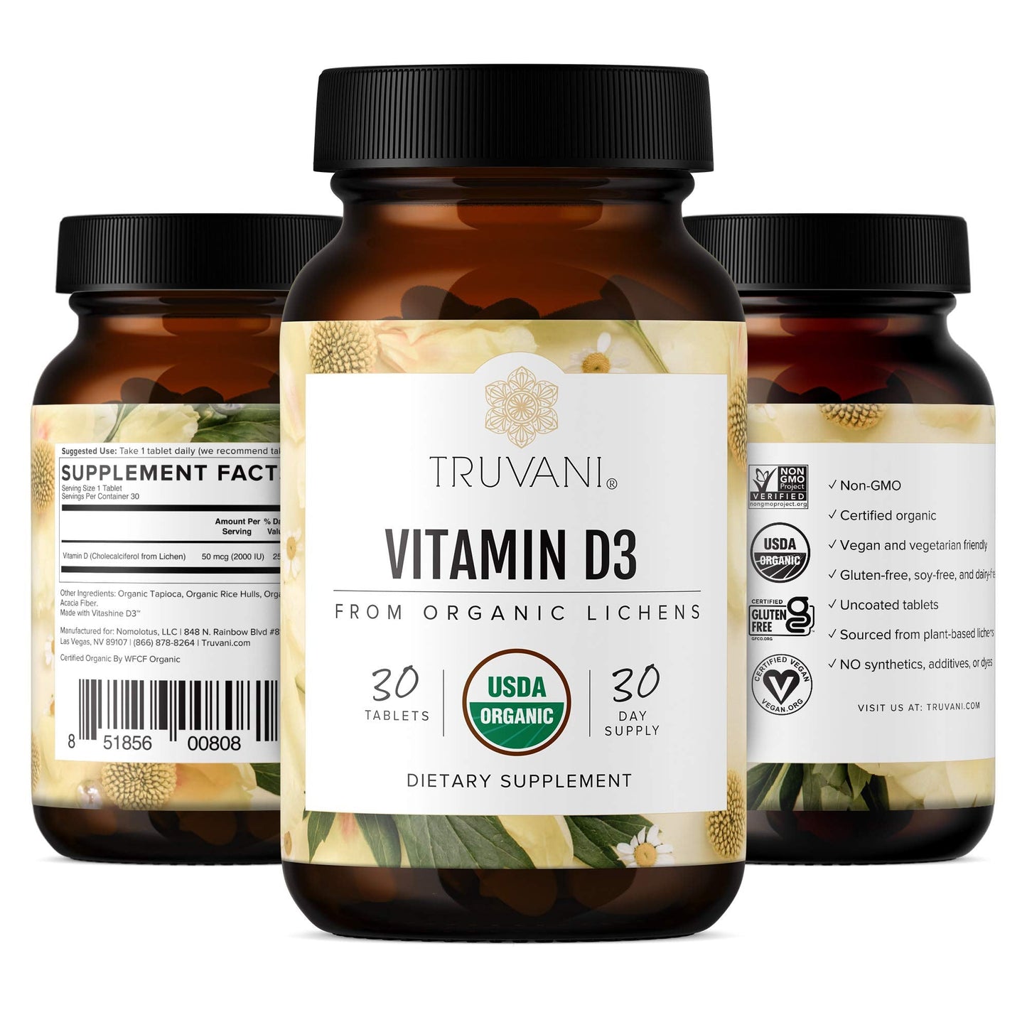Truvani Organic Vitamin D3 - Plant-Based, USDA Organic, Gluten-Free (30 Tablets)