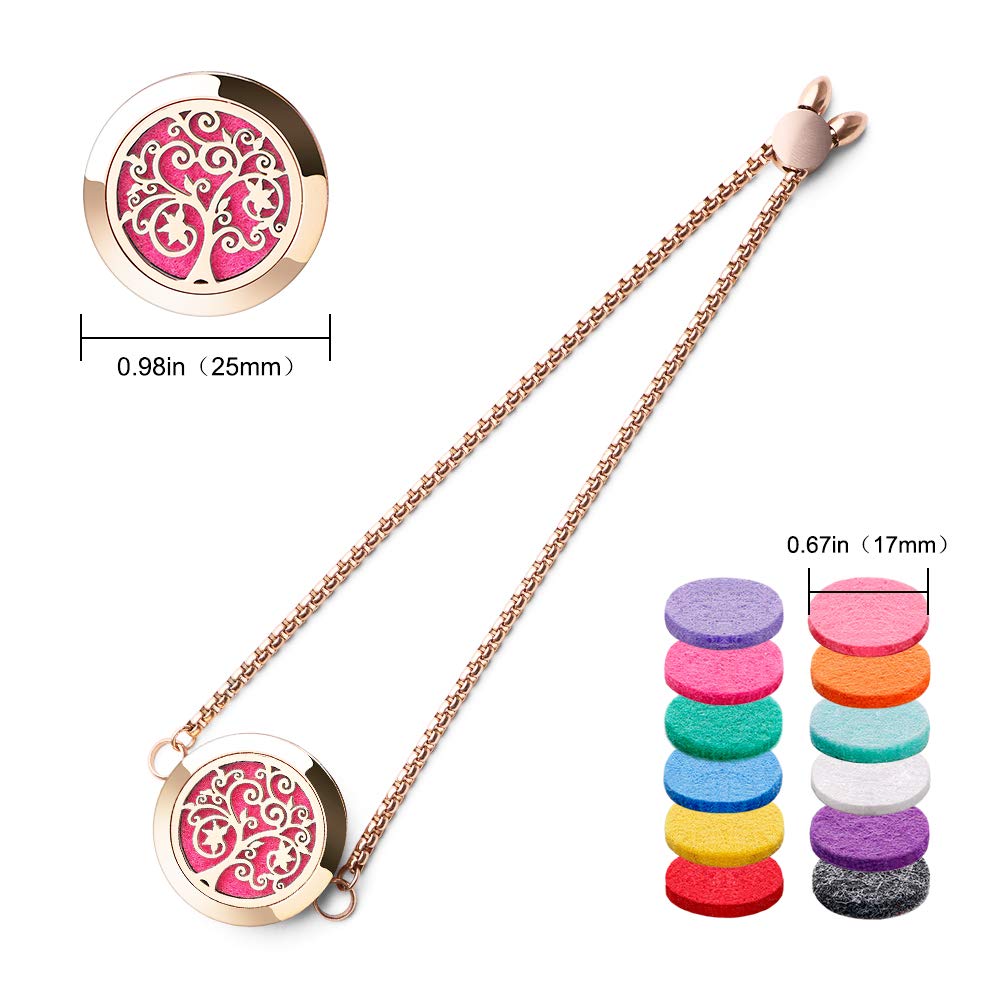 ttstar Essential Oil Diffuser Bracelet - Stainless Steel Aromatherapy Locket, Adjustable, 24 Refill Pads, 12 Colors (Rose Gold) | Gift for Women