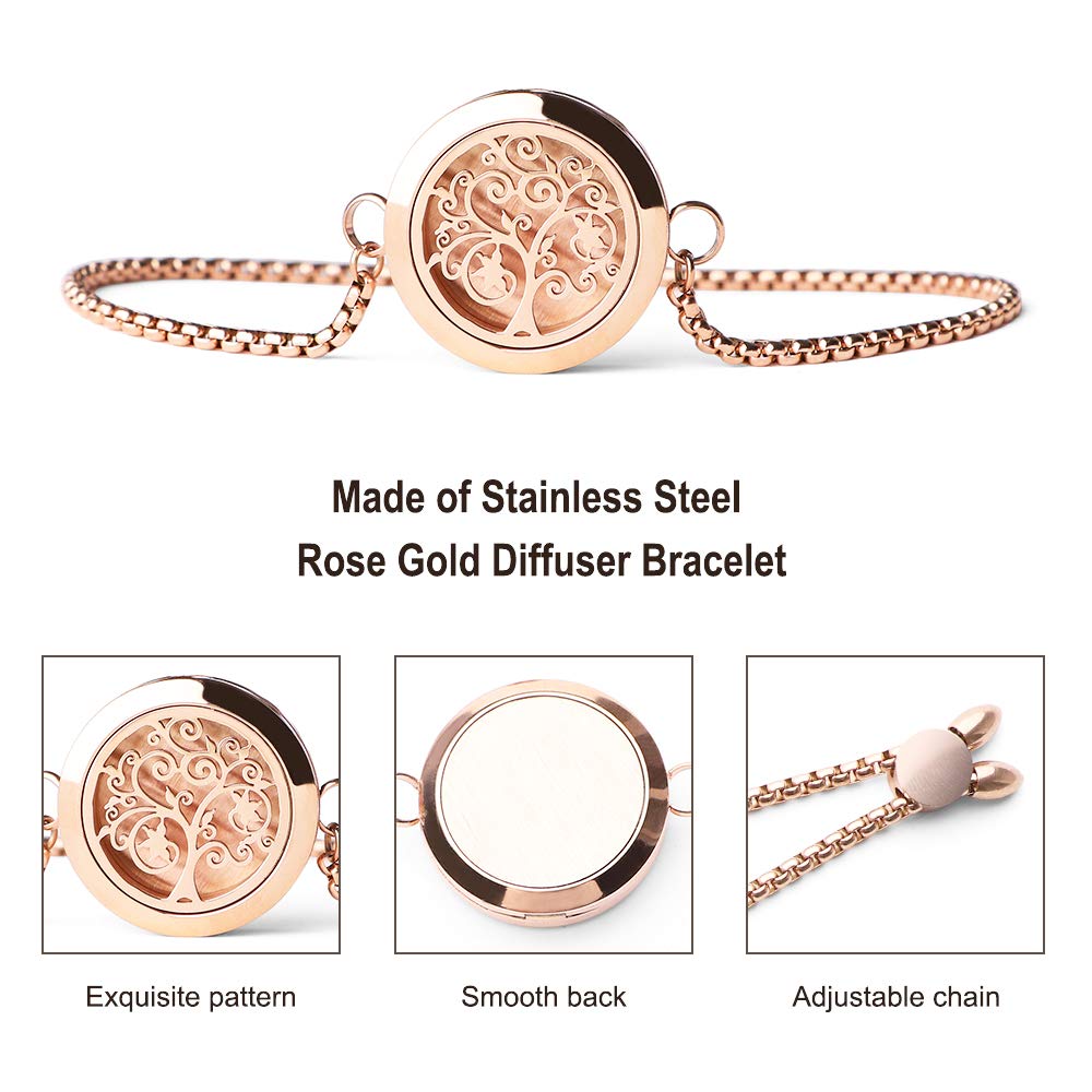 ttstar Essential Oil Diffuser Bracelet - Stainless Steel Aromatherapy Locket, Adjustable, 24 Refill Pads, 12 Colors (Rose Gold) | Gift for Women
