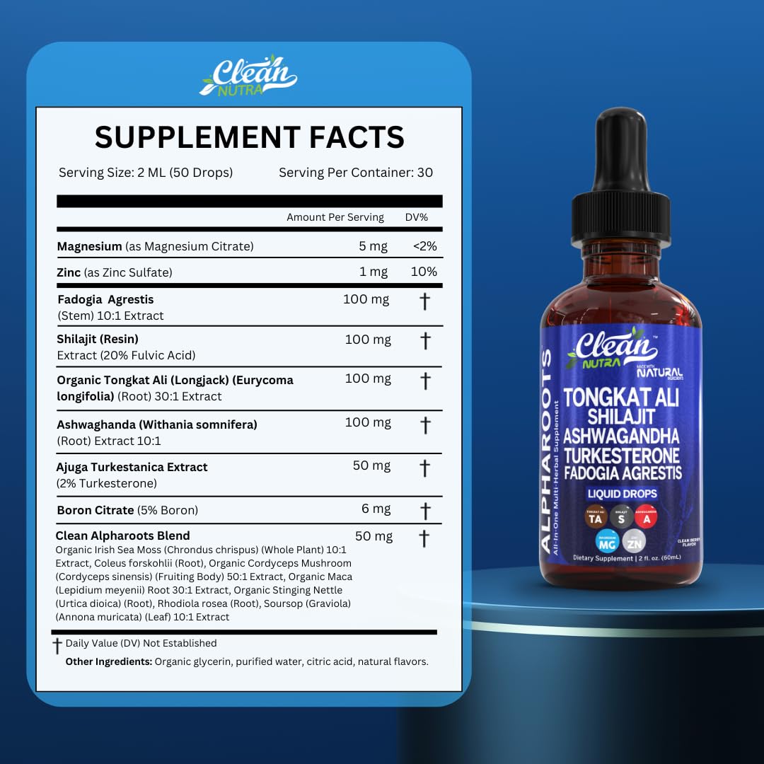Tongkat Ali Liquid Drops with Shilajit, Ashwagandha, Turkesterone, Fadogia Agrestis, Magnesium, Irish Sea Moss and Zinc | Clean Nutra