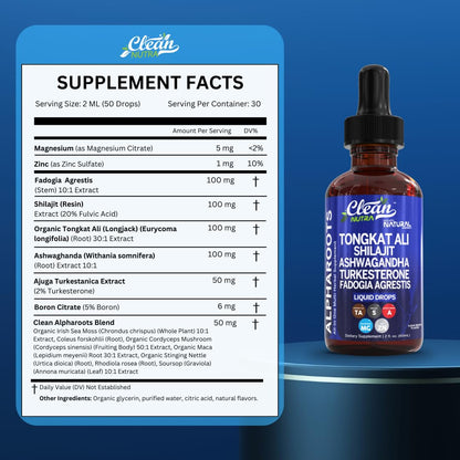 Tongkat Ali Liquid Drops with Shilajit, Ashwagandha, Turkesterone, Fadogia Agrestis, Magnesium, Irish Sea Moss and Zinc | Clean Nutra