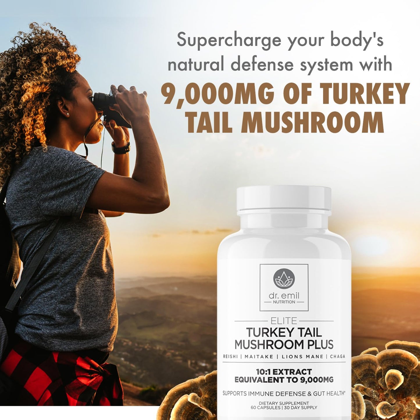 Dr. Emil Nutrition Turkey Tail Mushroom Capsules – Immunity & Gut Health Formula with Lion's Mane, Chaga, Reishi & Maitake