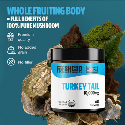 FreshCap Mushrooms Turkey Tail Mushroom Powder 10,000mg — Immune Support & Nootropic Extract (60 Servings)