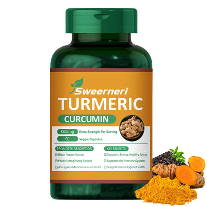 Turmeric Curcumin 1800mg with 95% Curcuminoids & Black Pepper – High Absorption, Extra Strength, 90 Capsules
