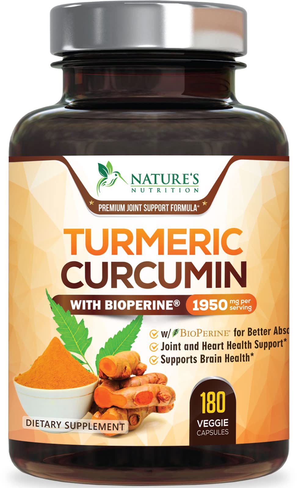 Turmeric Curcumin Supplement 1950mg - 95% Curcuminoids with Organic Turmeric & BioPerine Black Pepper Extract for Best Absorption, Natural Vegan Joint Support, Non-GMO, Bottled in USA - 180 Capsules