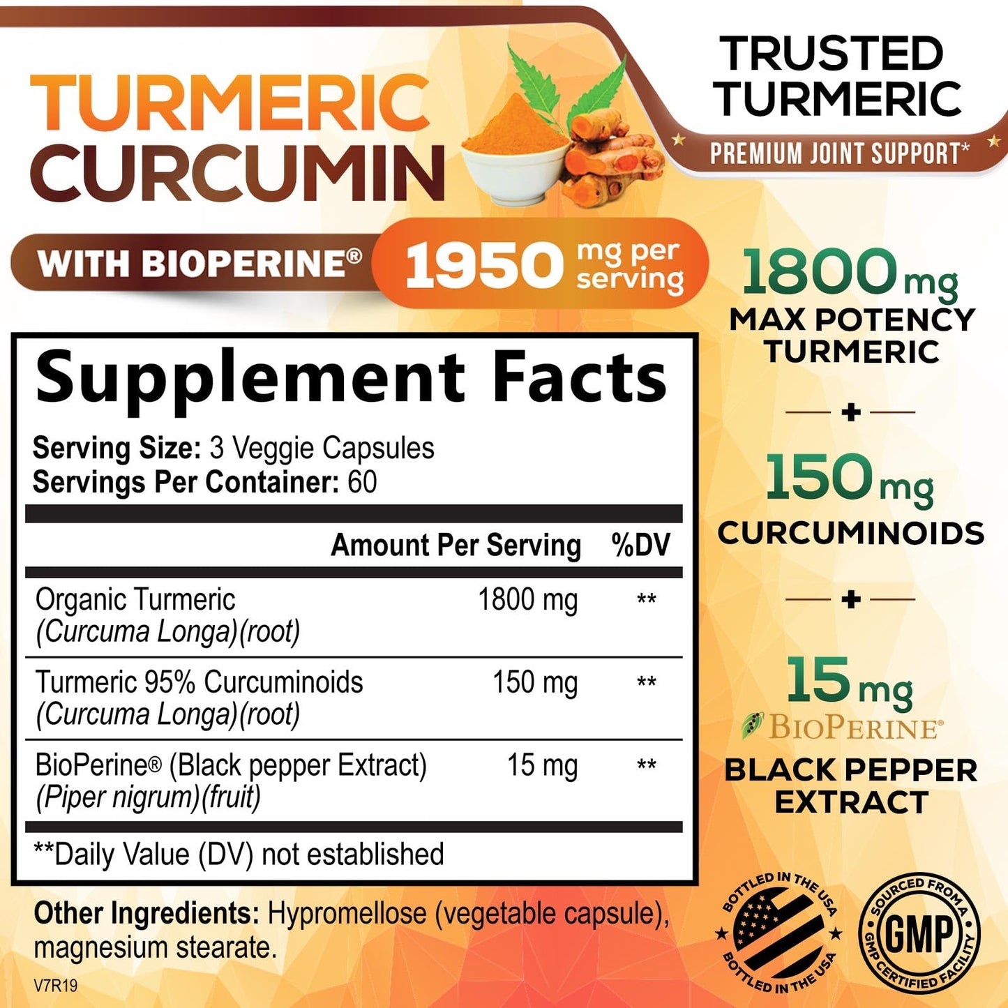 Turmeric Curcumin Supplement 1950mg - 95% Curcuminoids with Organic Turmeric & BioPerine Black Pepper Extract for Best Absorption, Natural Vegan Joint Support, Non-GMO, Bottled in USA - 180 Capsules