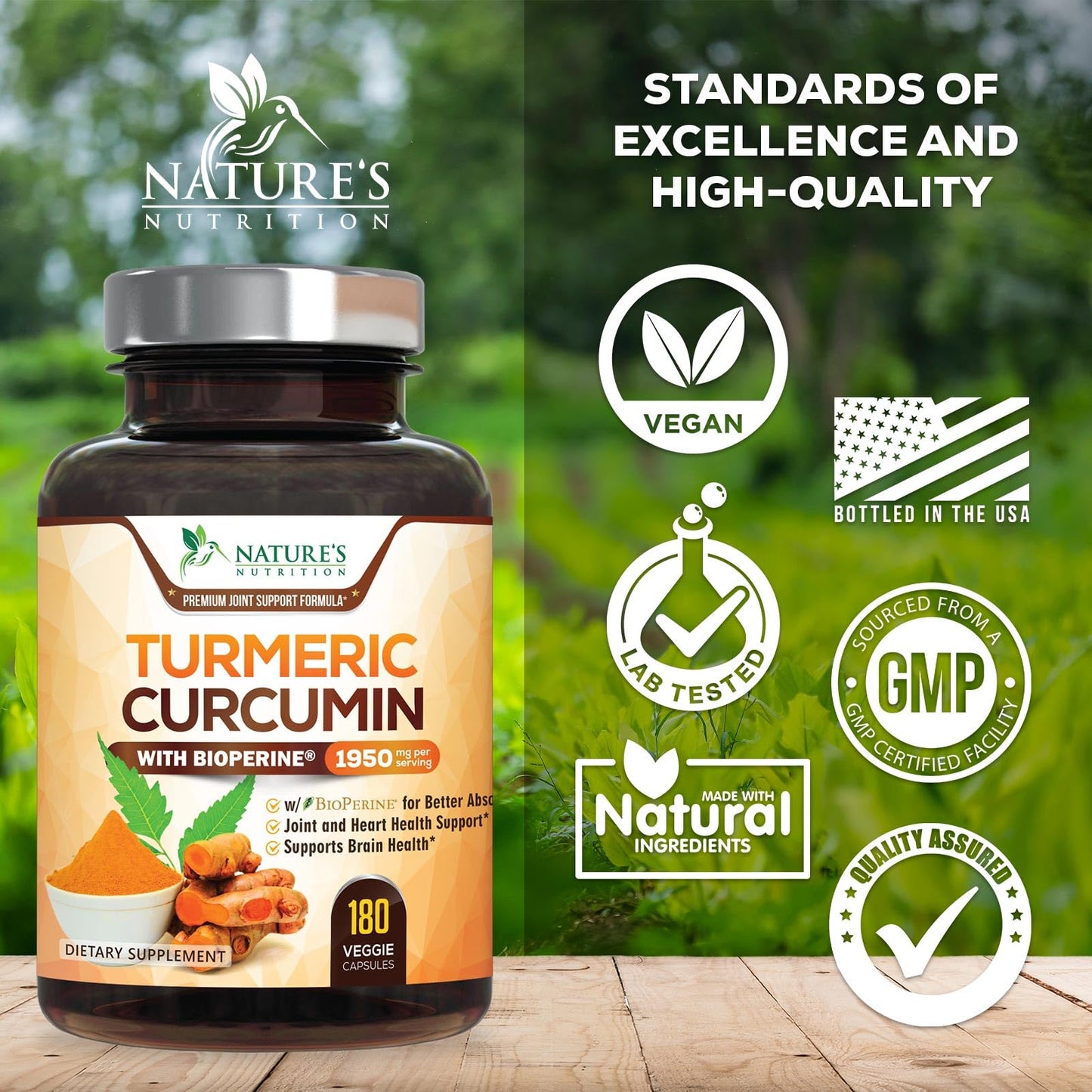 Turmeric Curcumin Supplement 1950mg - 95% Curcuminoids with Organic Turmeric & BioPerine Black Pepper Extract for Best Absorption, Natural Vegan Joint Support, Non-GMO, Bottled in USA - 180 Capsules