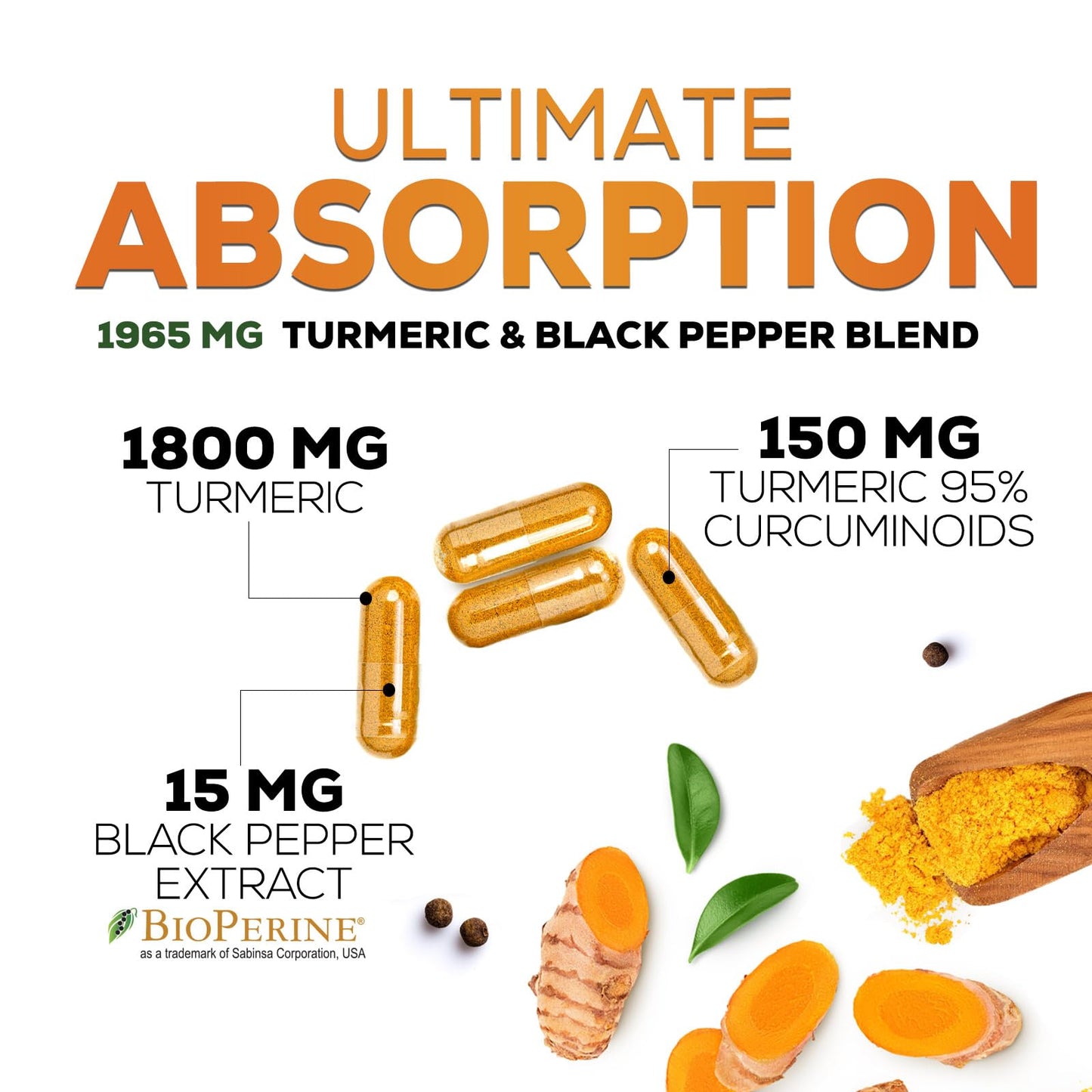 Turmeric Curcumin Supplement 1950mg - 95% Curcuminoids with Organic Turmeric & BioPerine Black Pepper Extract for Best Absorption, Natural Vegan Joint Support, Non-GMO, Bottled in USA - 180 Capsules