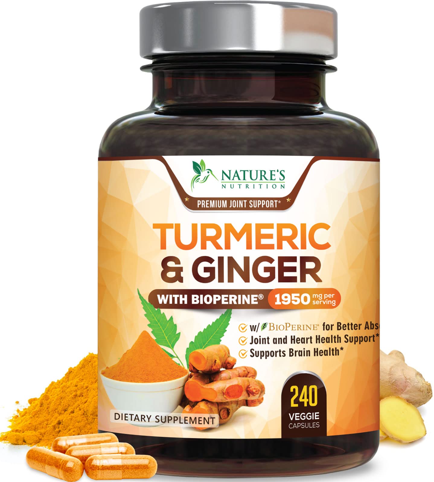 Turmeric Curcumin 1950mg – 95% Curcuminoids, Organic Turmeric & Ginger, BioPerine | 240 Capsules