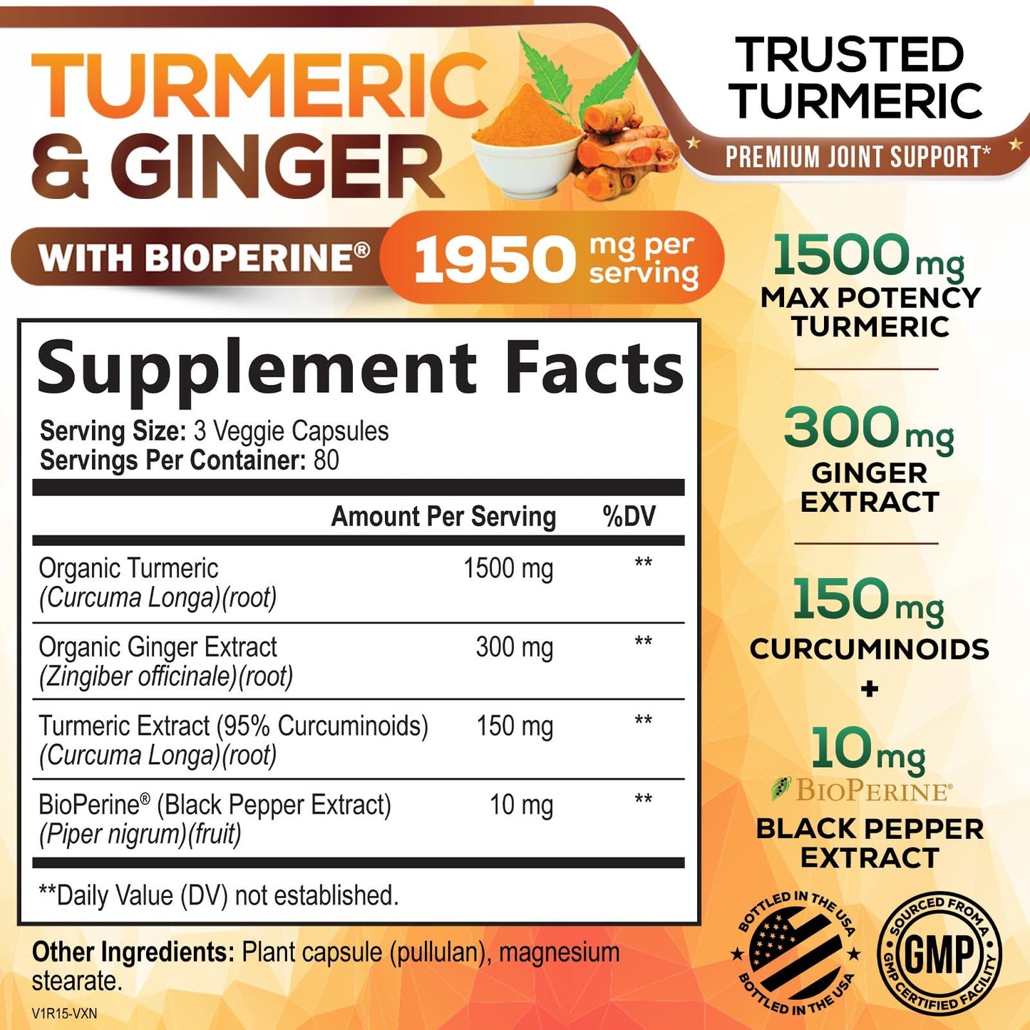 Turmeric Curcumin 1950mg – 95% Curcuminoids, Organic Turmeric & Ginger, BioPerine | 240 Capsules