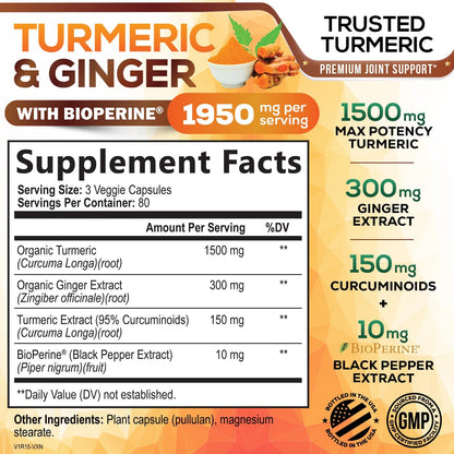 Turmeric Curcumin 1950mg – 95% Curcuminoids, Organic Turmeric & Ginger, BioPerine | 240 Capsules