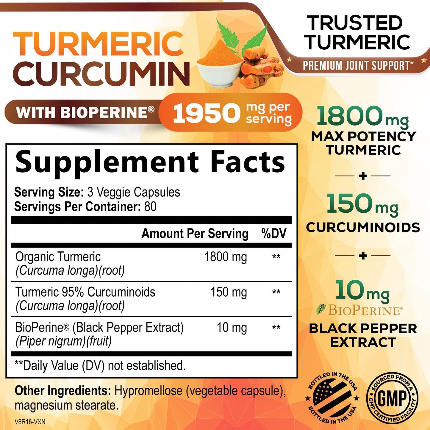 Turmeric Curcumin 1950mg with Bioperine – 95% Curcuminoids, 240 Vegan Capsules, Made in USA