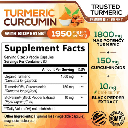 Turmeric Curcumin 1950mg with Bioperine – 95% Curcuminoids, 240 Vegan Capsules, Made in USA