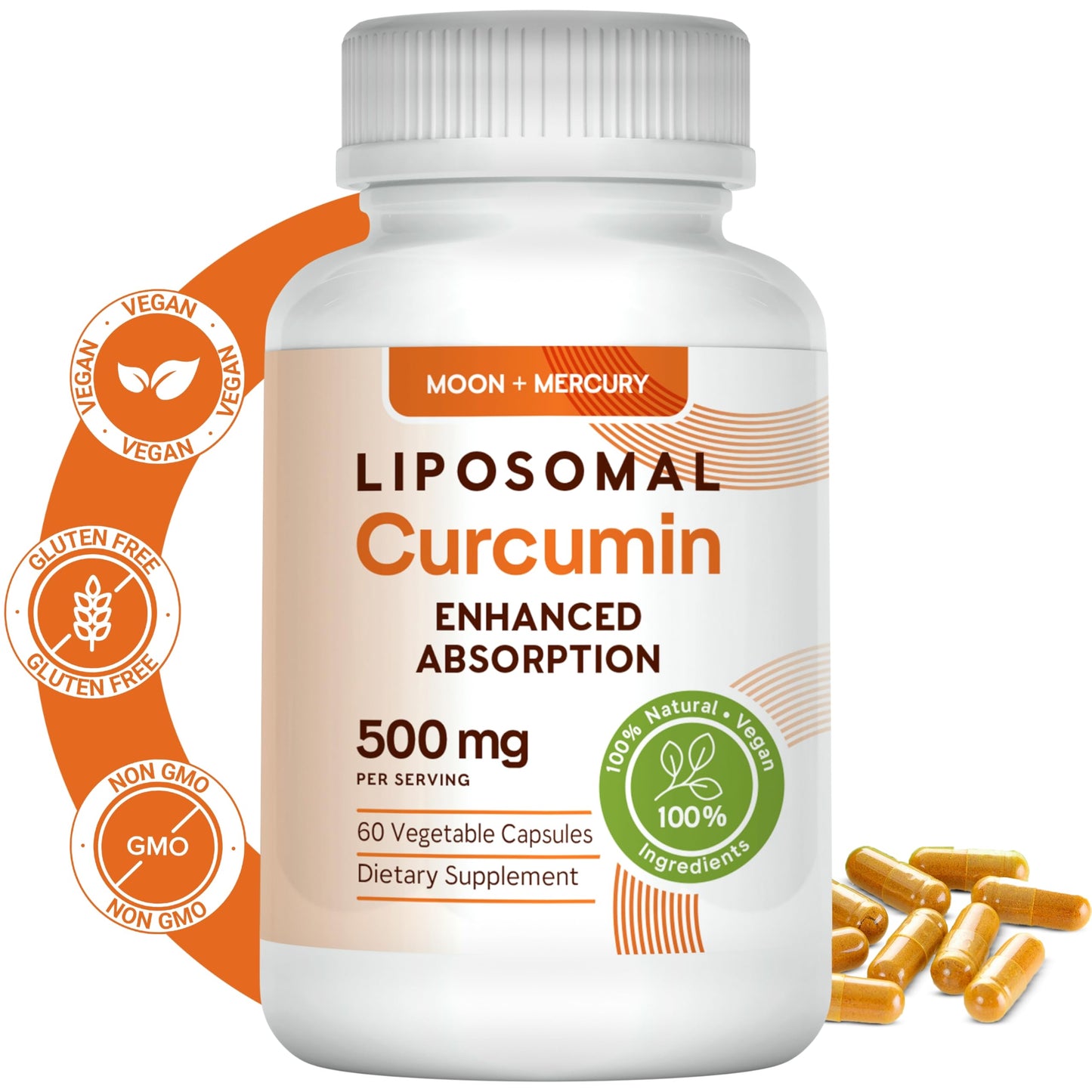 Moon + Mercury Liposomal Turmeric Curcumin 500mg - 60 Capsules | 100% Natural Curcuminoids