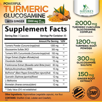 Turmeric Curcumin 2000mg with Glucosamine & Ginger – BioPerine, 240 capsules, USA Made