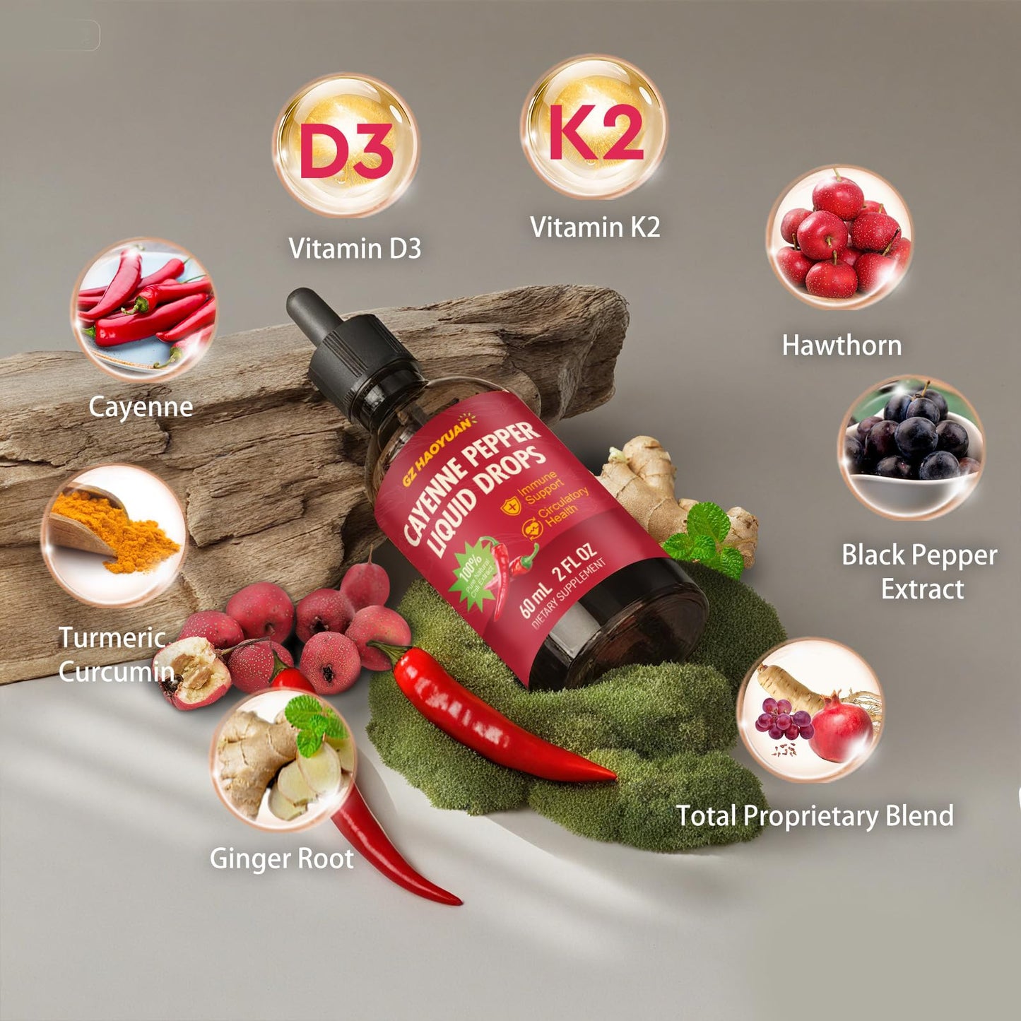 Cayenne Pepper Liquid Drops with Hawthorn, Turmeric Curcumin, Vitamin D3 K2 - 2 fl oz