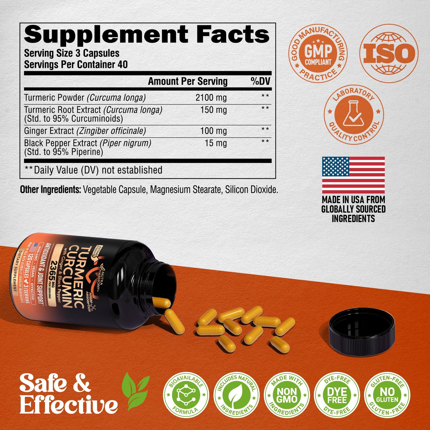 Turmeric Curcumin 2365mg with Ginger & Black Pepper – 120 Capsules – Made in USA