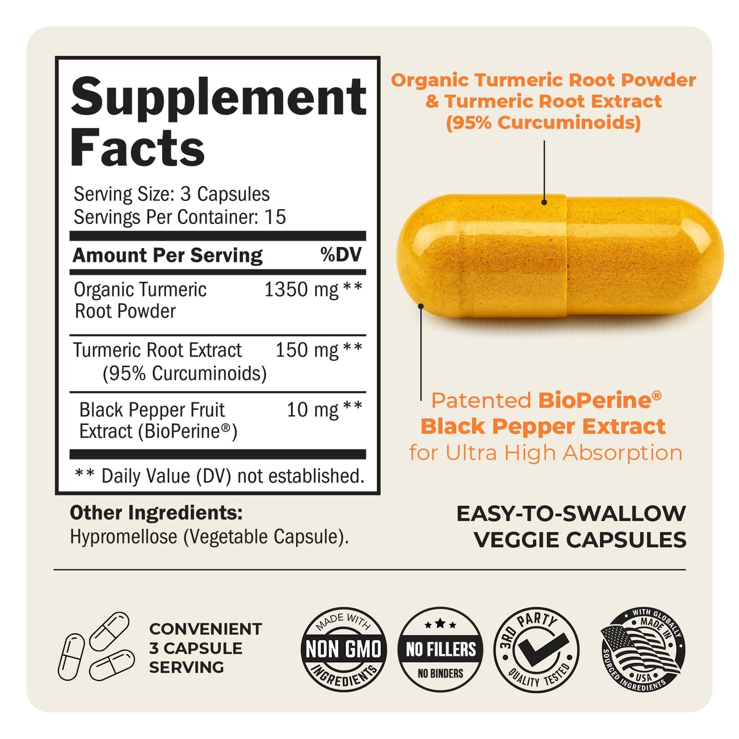 Turmeric Curcumin 1500mg with BioPerine – 45 Vegan Capsules, 95% Curcuminoids
