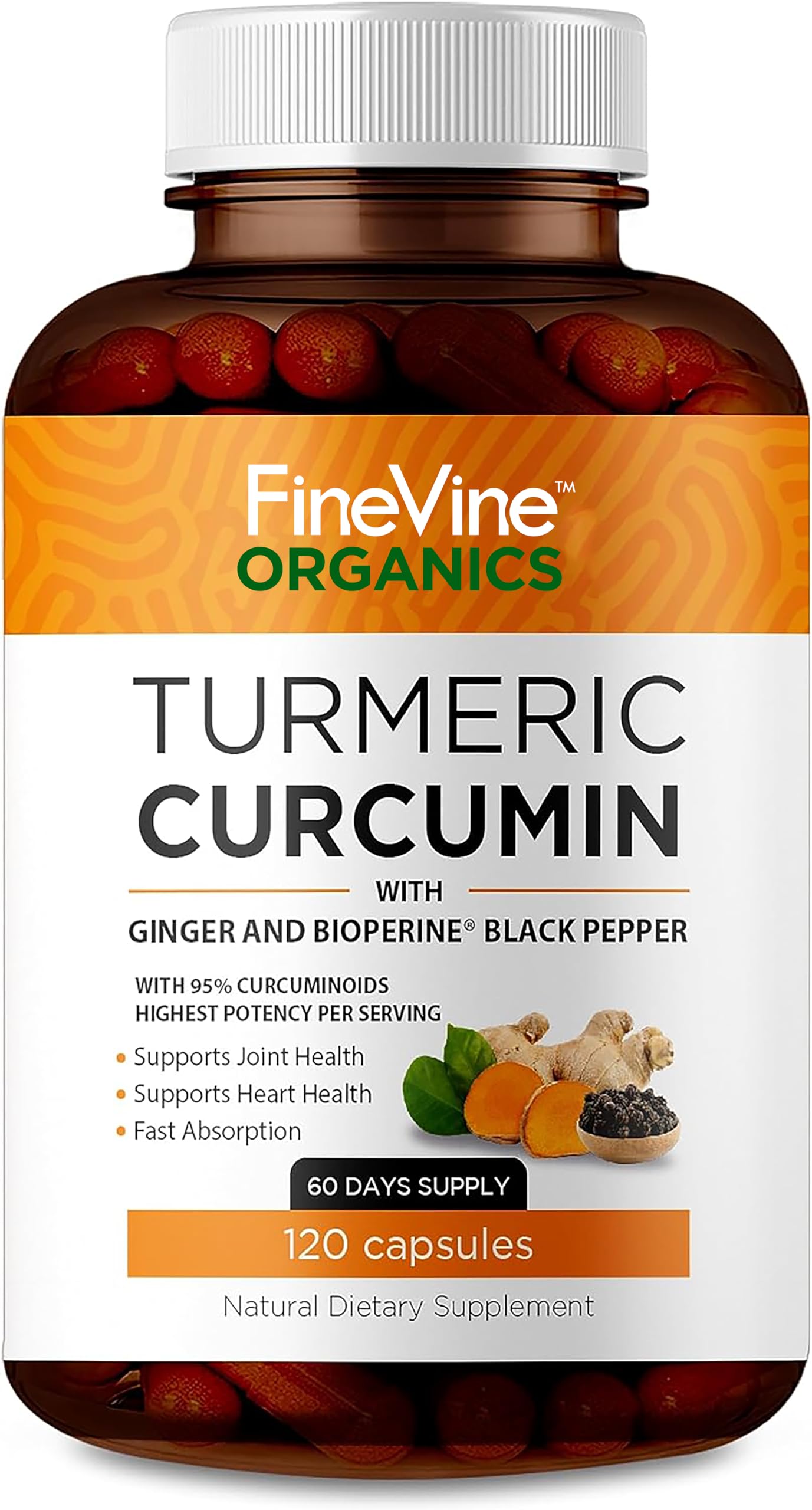 Turmeric Curcumin with BioPerine, Black Pepper & Ginger — Made in USA | 120 Vegetarian Capsules