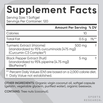 Sports Research Turmeric Curcumin C3 Complex Softgels – 500mg, 120 Count | BioPerine & Organic Coconut Oil | Non-GMO & Gluten Free