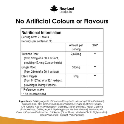 Turmeric Tablets with Black Pepper & Ginger - Curcumin 180 Tablets | New Leaf