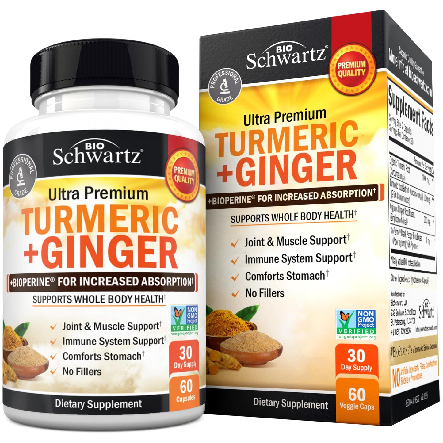 Turmeric Curcumin & Ginger Supplement with BioPerine – 95% Curcuminoids, Gluten-Free, 60 Capsules