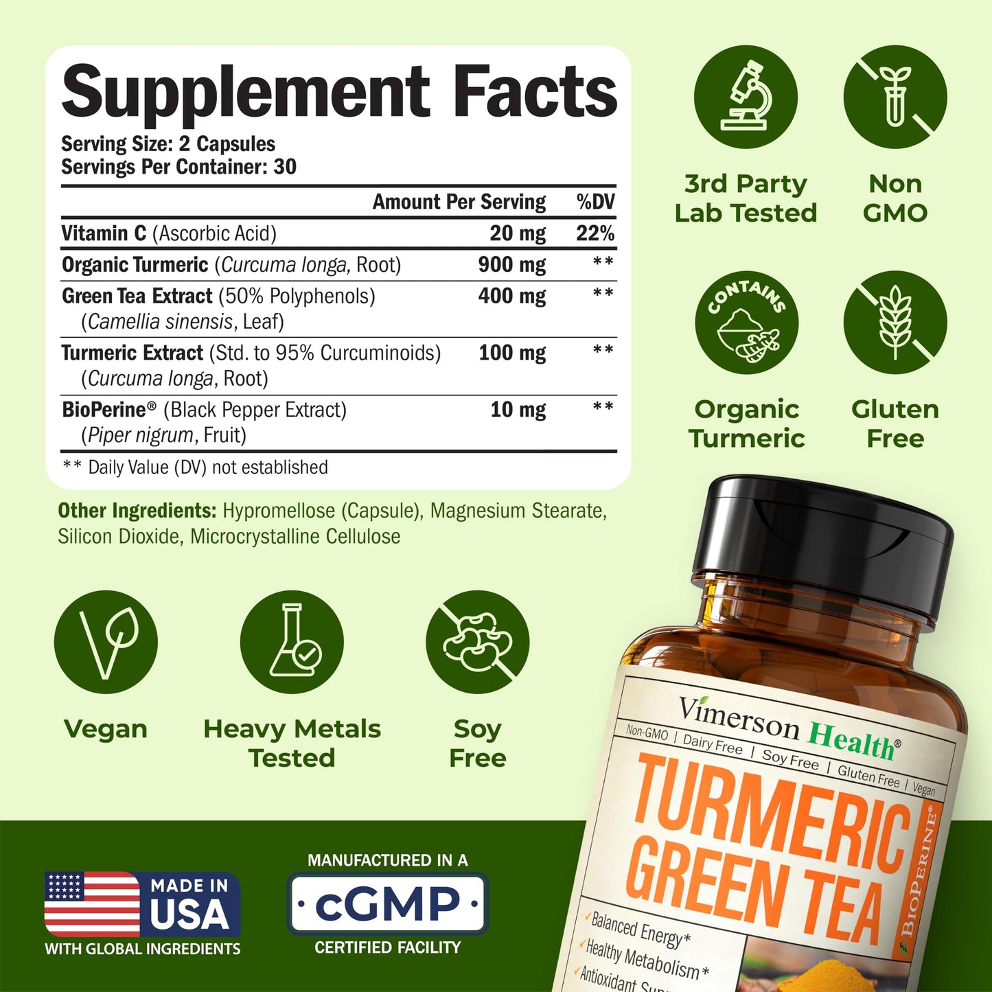 Turmeric Curcumin with Green Tea & Vitamin C – Joint Health, Energy | 60 Capsules | Gluten-Free & Non-GMO