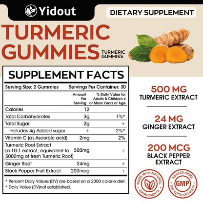 Turmeric Curcumin Gummies 500mg with Ginger & Black Pepper – Mango (60 Count, Pack of 2)