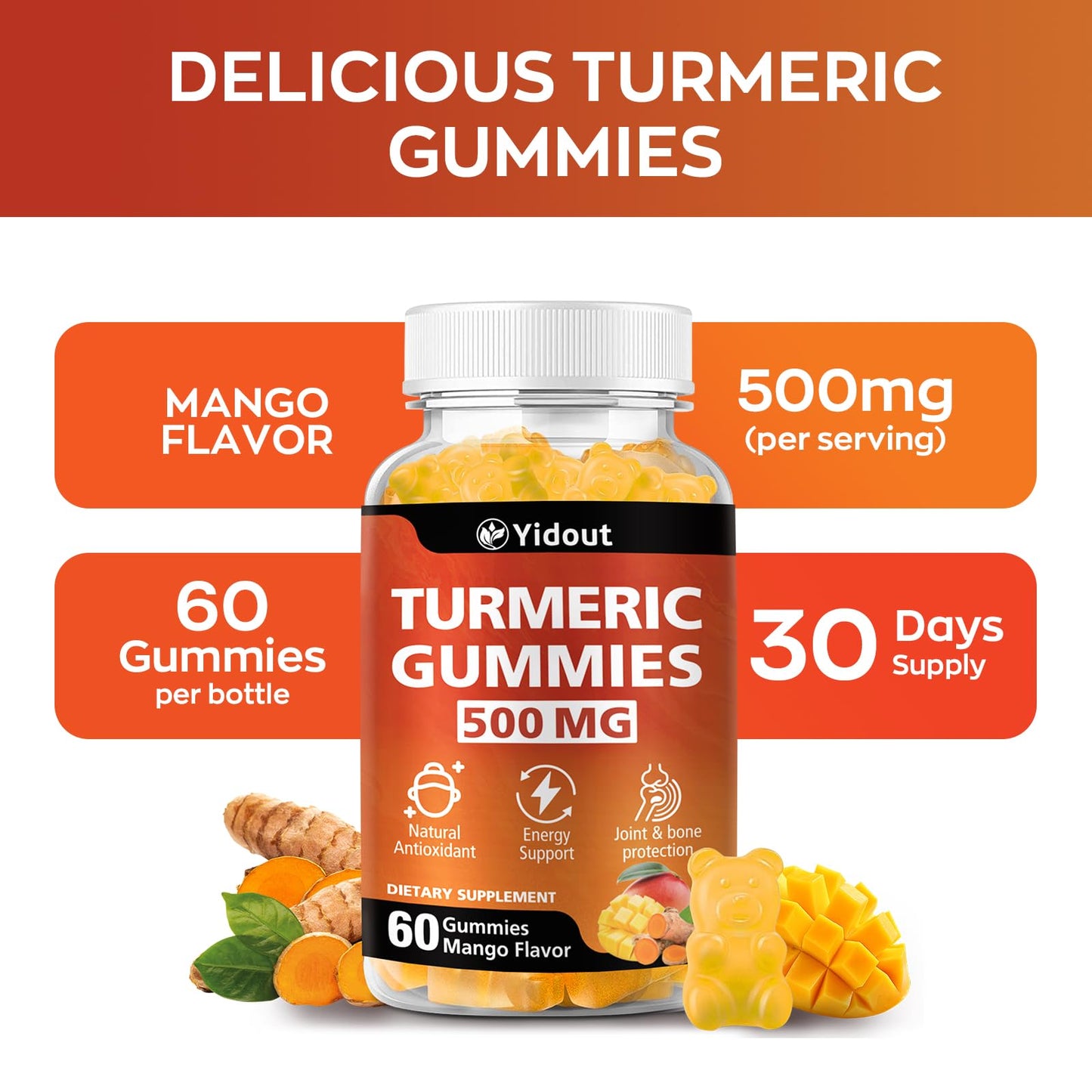 Turmeric Curcumin Gummies 500mg with Ginger & Black Pepper – Mango (60 Count, Pack of 2)