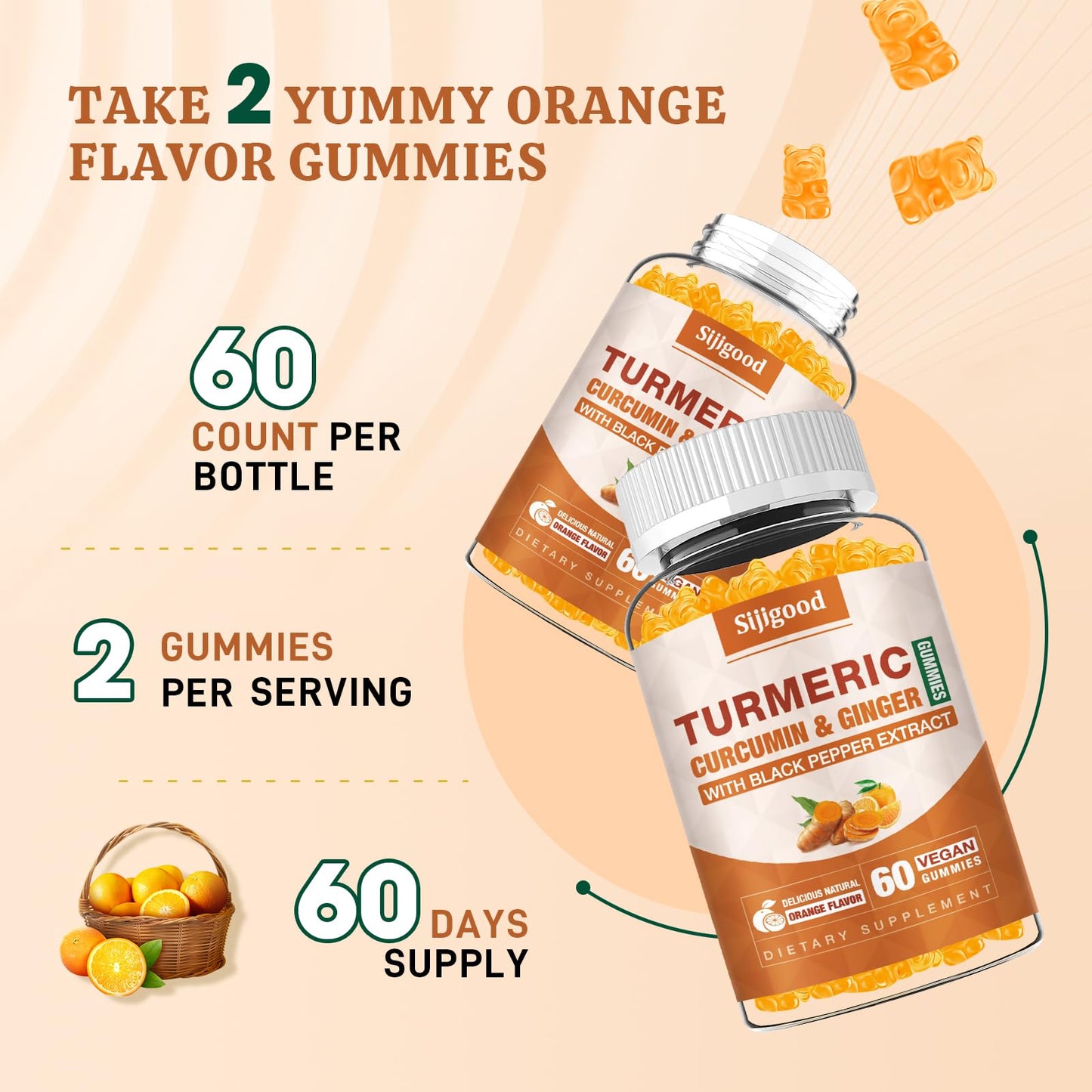 Turmeric Curcumin Gummies with Ginger & Black Pepper – 120 Orange Gummies