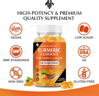 Turmeric Curcumin Gummies (2 Pack) – Ginger & Black Pepper | Immune & Muscle Support | Vegan, Gluten Free