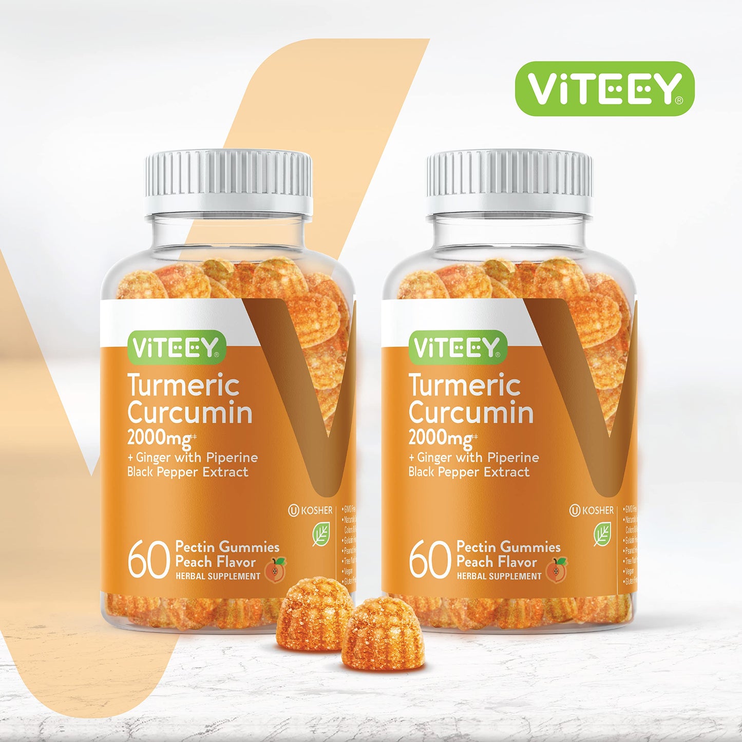 Turmeric Curcumin Gummies 2000mg with Ginger & Black Pepper – Immune & Joint Support (Vegan, Peach) – 2 Pack