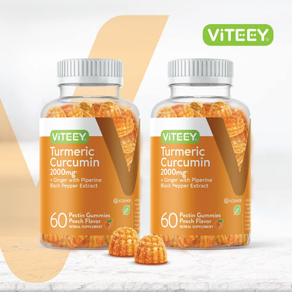 Turmeric Curcumin Gummies 2000mg with Ginger & Black Pepper – Immune & Joint Support (Vegan, Peach) – 2 Pack