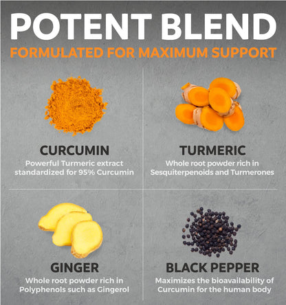 Organic Turmeric Ginger Black Pepper Supplement - High Potency Curcumin, 2 Month Supply