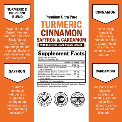 Turmeric Curcumin with Saffron, Cinnamon & Cardamom + BioPerine – Joint Support, 60 Capsules