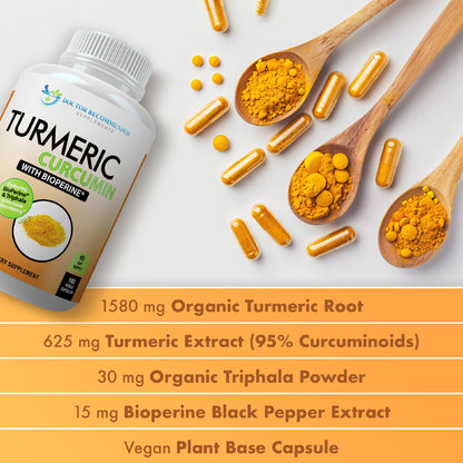 Turmeric Curcumin Supplement 2250mg/day - Veggie Caps | 95% Curcuminoids + BioPerine - 180 Count - Organic