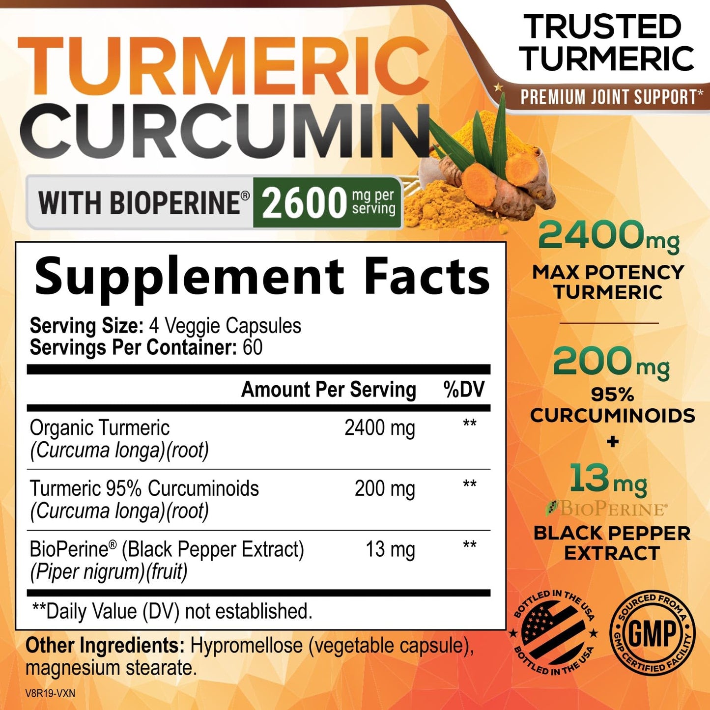 Turmeric Curcumin Supplement 2600mg – 95% Curcuminoids, BioPerine & Organic Turmeric – 240 Capsules | Made in USA