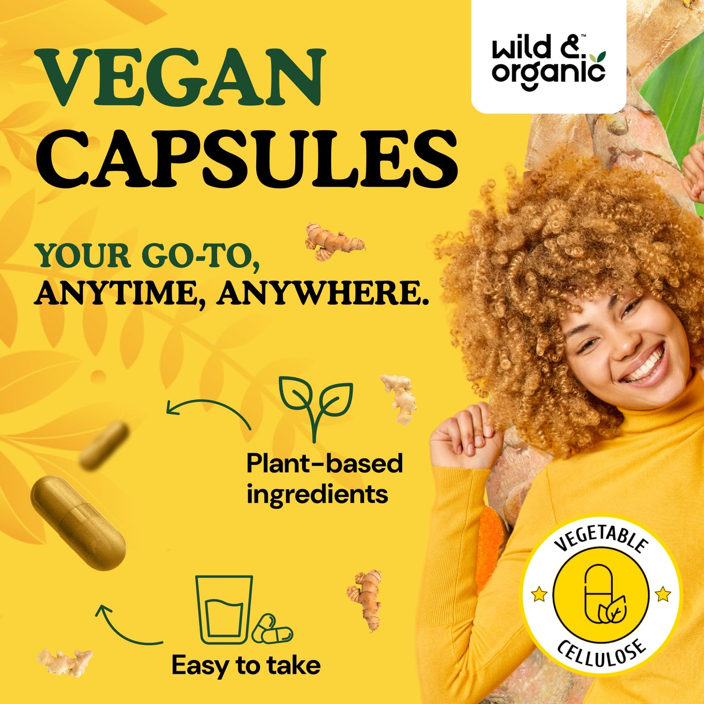 Wild & Organic Turmeric Ginger Capsules – Mobility & Immune Support | Vegan, Non-GMO | 90 Count