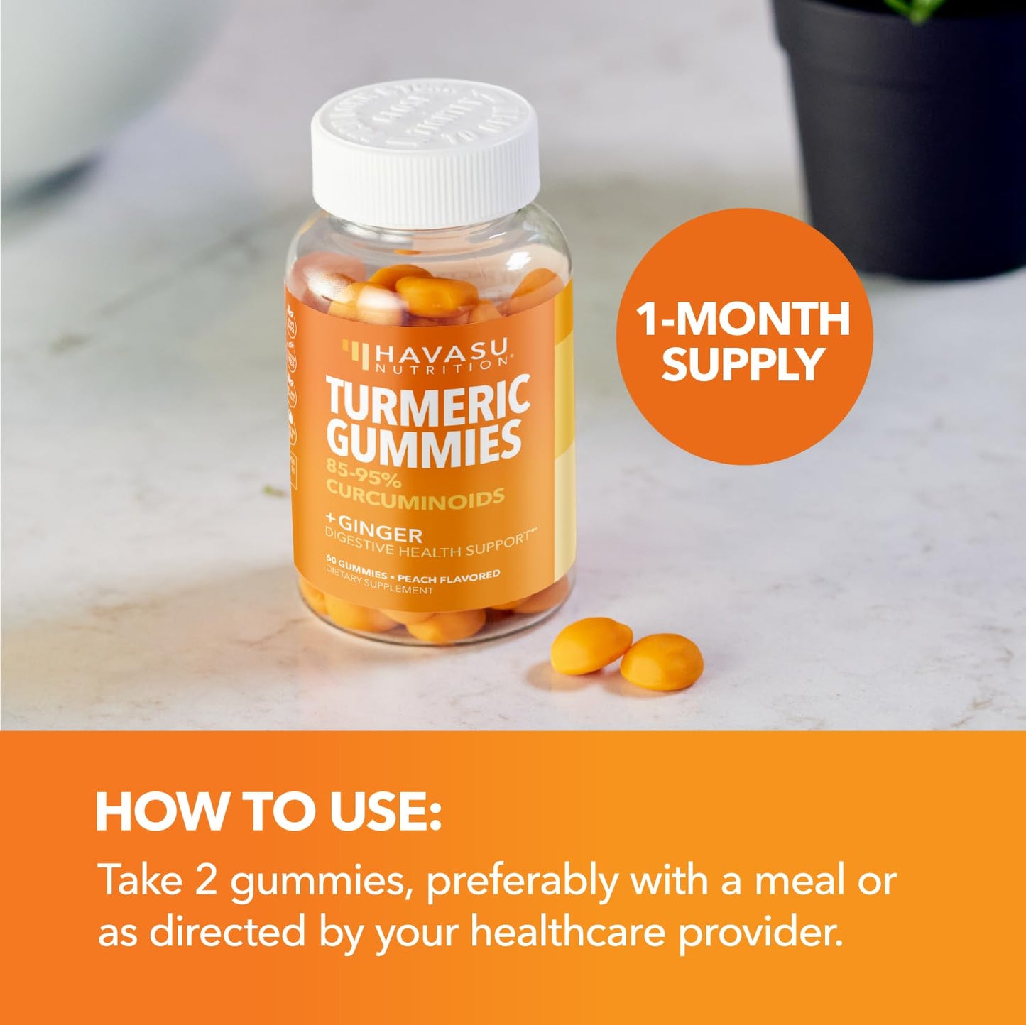 Turmeric Gummies with Ginger – 95% Curcuminoids, Peach, 60 Count (Vegan)