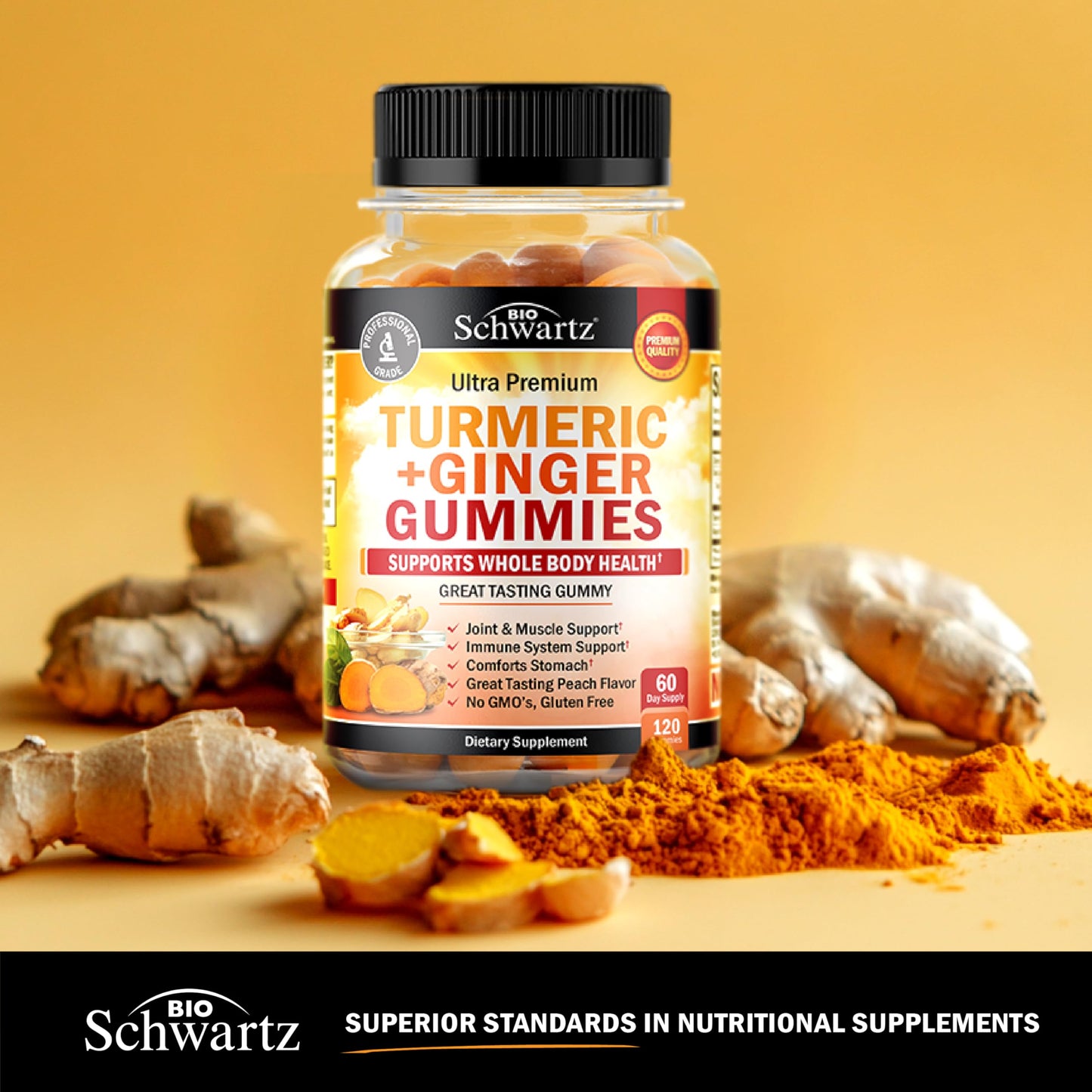 Turmeric Curcumin with Ginger Gummies - Extra Strength Joint Support, Peach Flavor | Gluten Free & Non-GMO | 120 Count