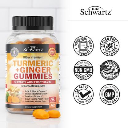 Turmeric Curcumin with Ginger Gummies - Extra Strength Joint Support, Peach Flavor | Gluten Free & Non-GMO | 120 Count