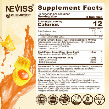 Turmeric Gummies 1000mg with MCT Oil C8/C10 – Curcumin + Black Pepper, Sugar Free, 60 Gummies