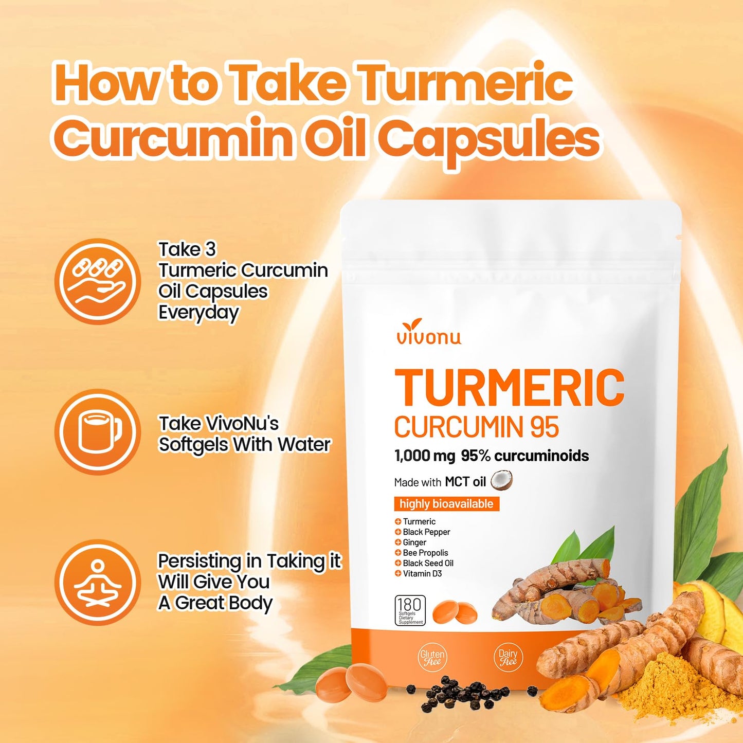 10-in-1 Turmeric Curcumin Softgels 1000mg with MCT Oil, Black Pepper & 60-Day Supply | VivoNu